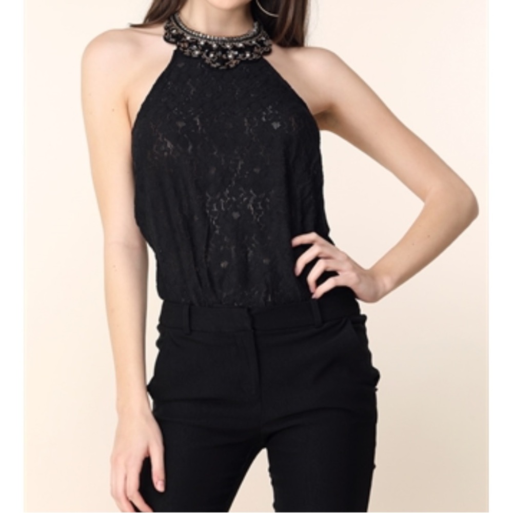 Faux Gem Embellished Lace Bodysuit